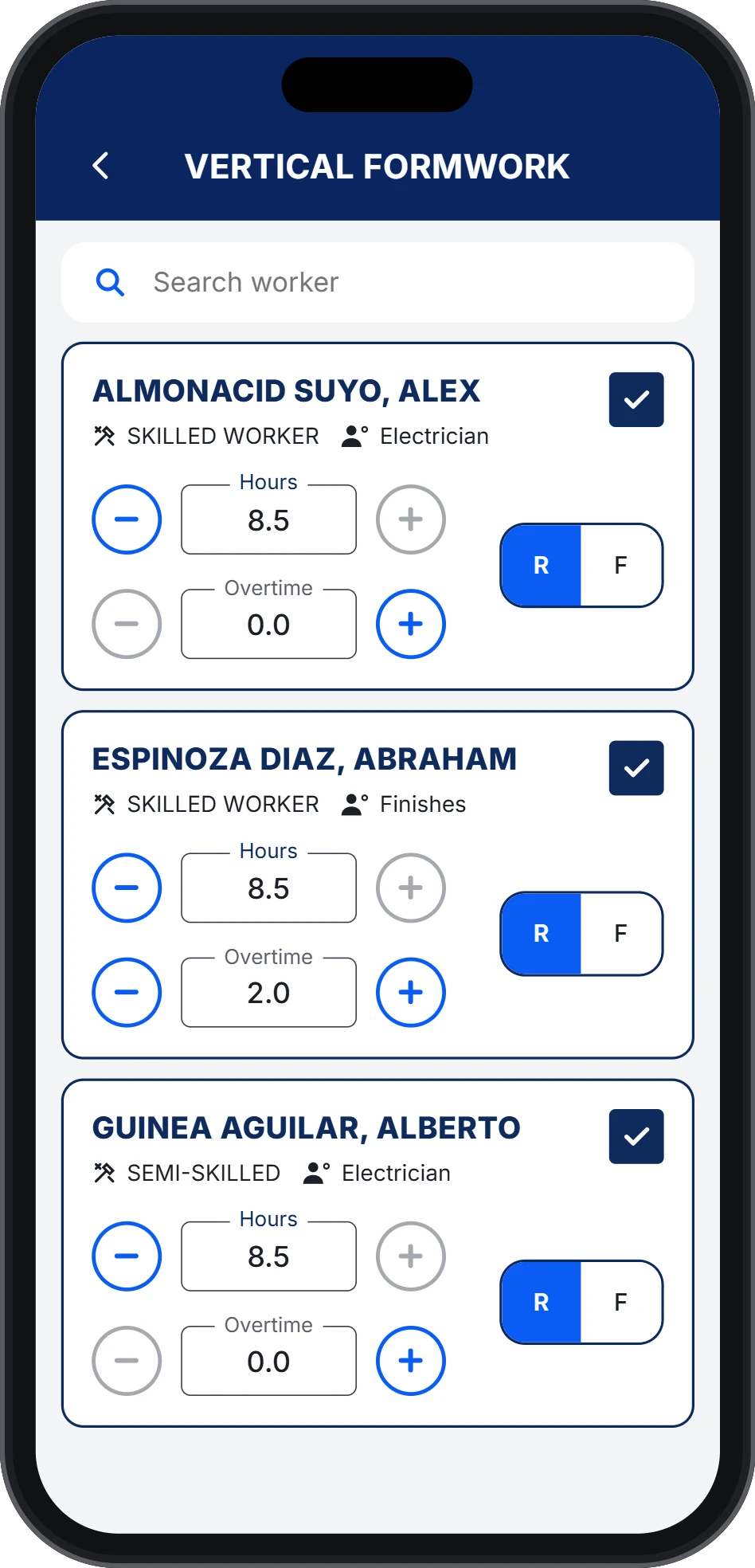 Bildin app screen where a foreman records hours per worker for steel placement