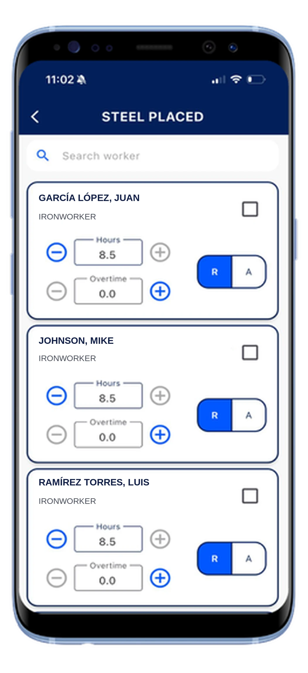 Bildin app screen where a foreman records hours per worker for steel placement
