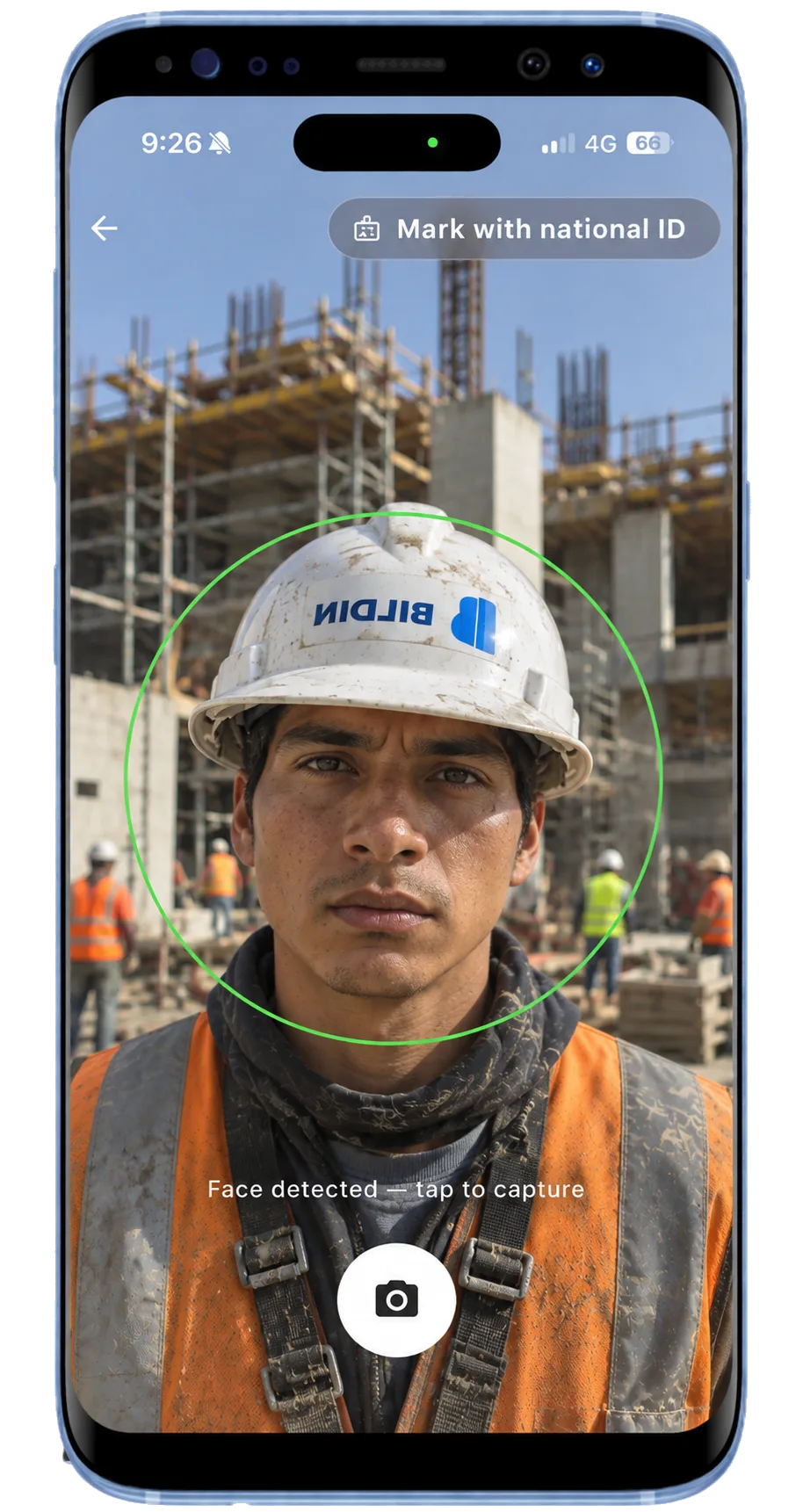 Attendance app screen with facial-recognition clock-in