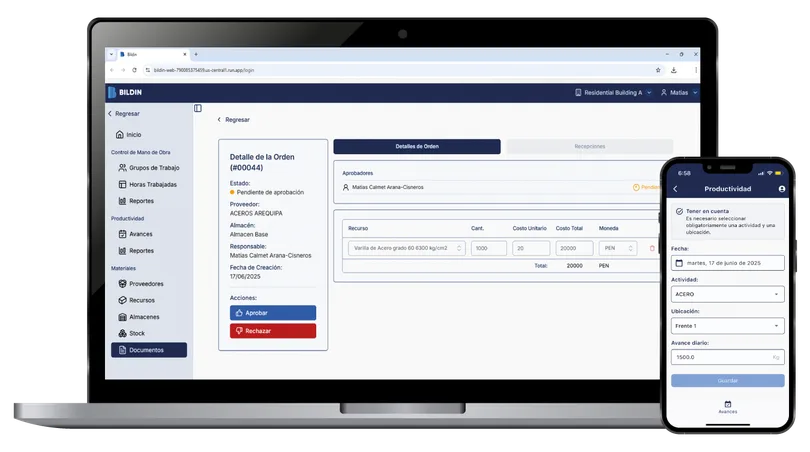 Bildin Materials purchase order and receiving screens
