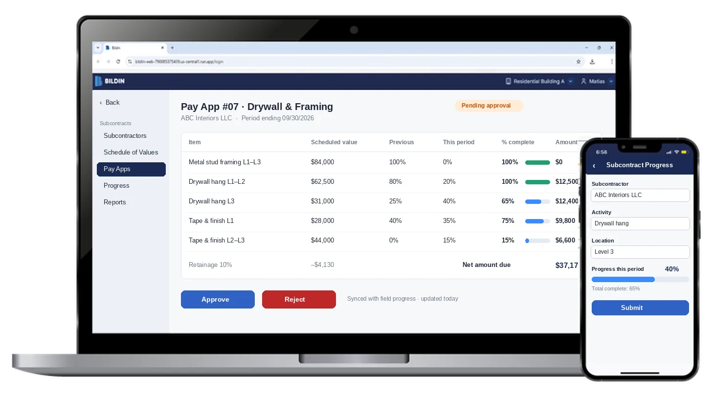 Bildin Subs pay application screen